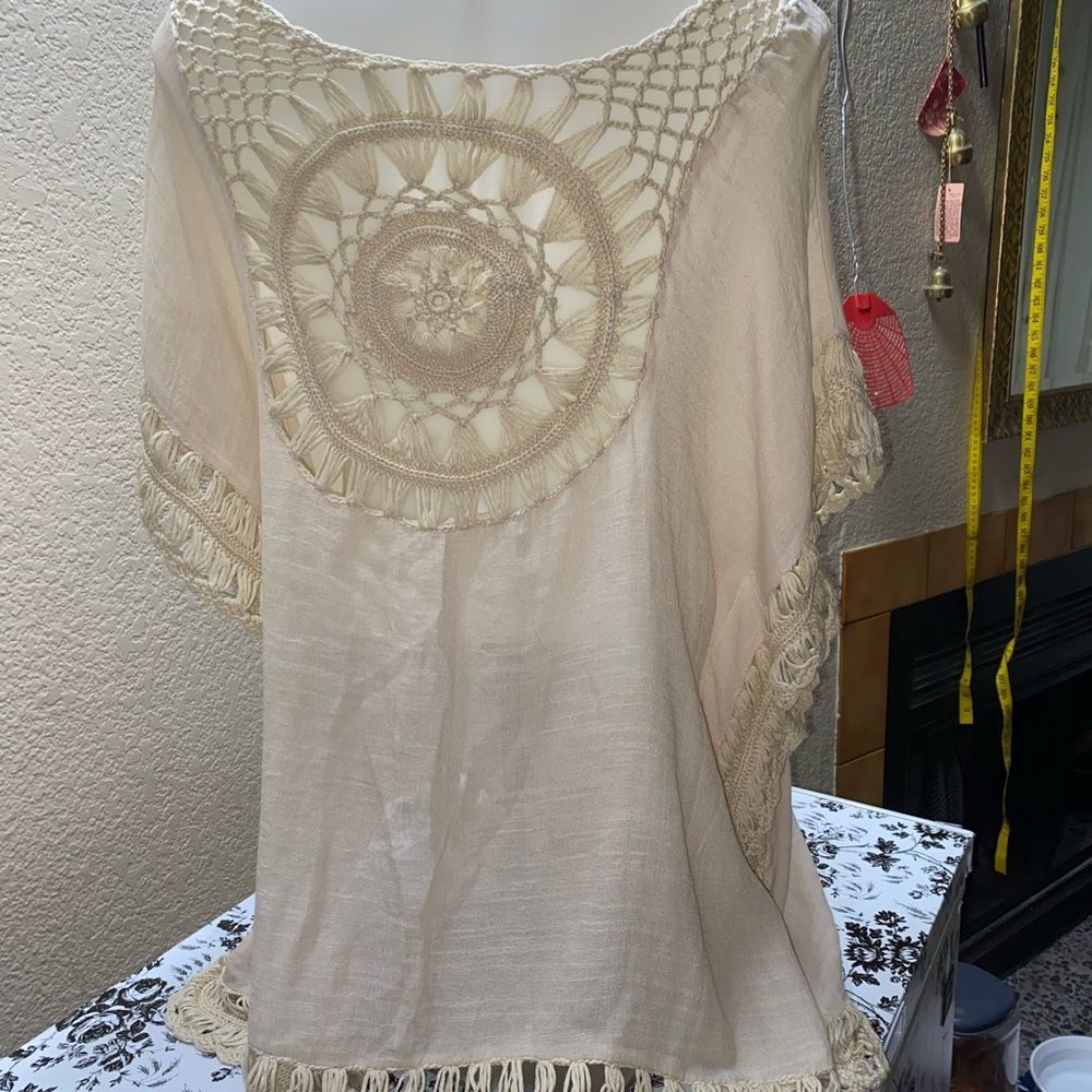 * bohemian tan Crochet Tunic size 1X with crochet trim - Picture 8 of 9
